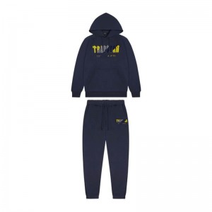 Trapstar Navy Chenille Decoded Hoodie Set ανδρικα σκουρο μπλε κίτρινα Greece | IX60-287