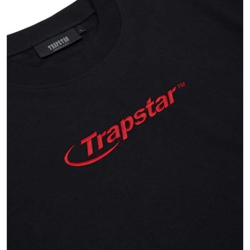 Trapstar Hyperdrive Embroidered Tee μπλουζακια ανδρικα μαυρα κοκκινα Greece | BA55-005