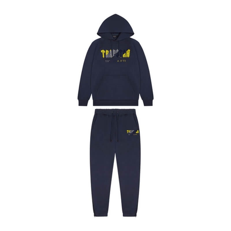 Trapstar Navy Chenille Decoded Hoodie Set ανδρικα σκουρο μπλε κίτρινα Greece | IX60-287